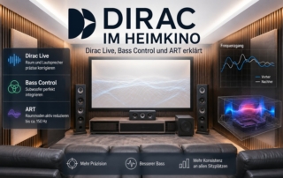Dirac im Heimkino mit schematischer Darstellung von Dirac Live, Bass Control und Active Room Treatment (ART).