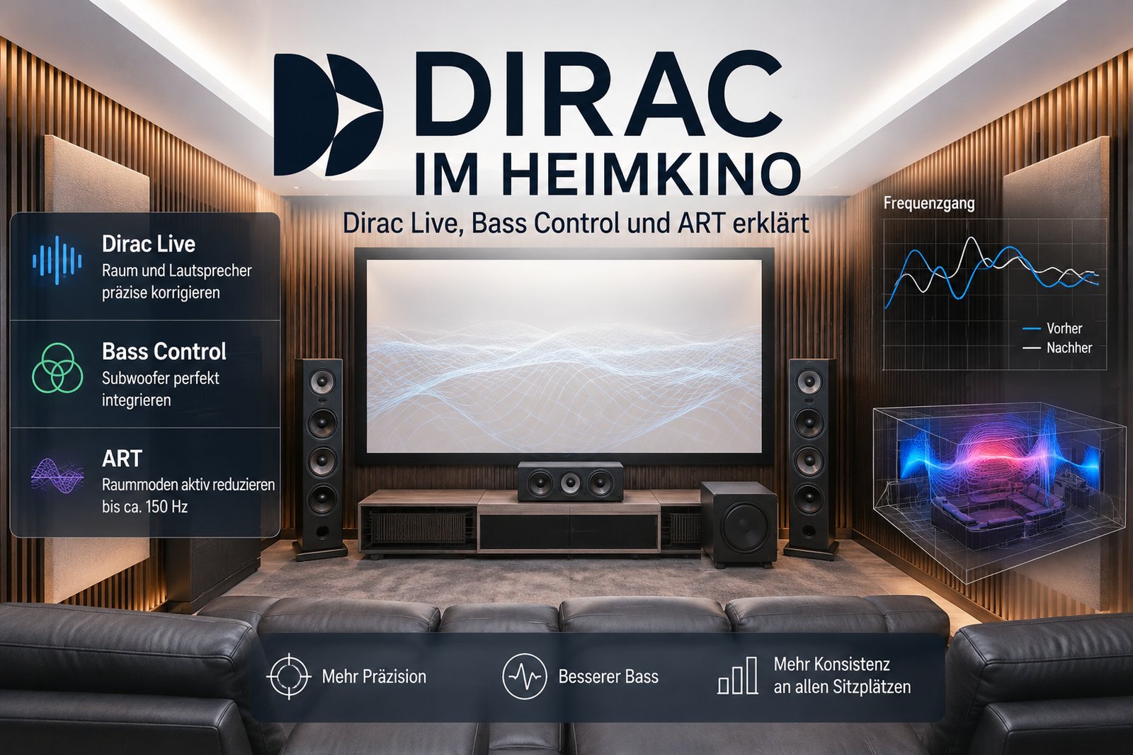 Dirac im Heimkino mit schematischer Darstellung von Dirac Live, Bass Control und Active Room Treatment (ART).